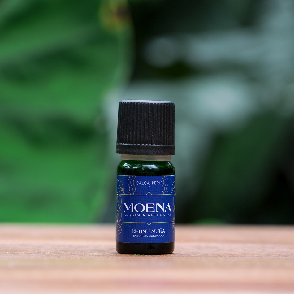 Small bottle of Andean Mint Essential Oil - Khuña Muña on a wooden surface against a blurred green plant background 
