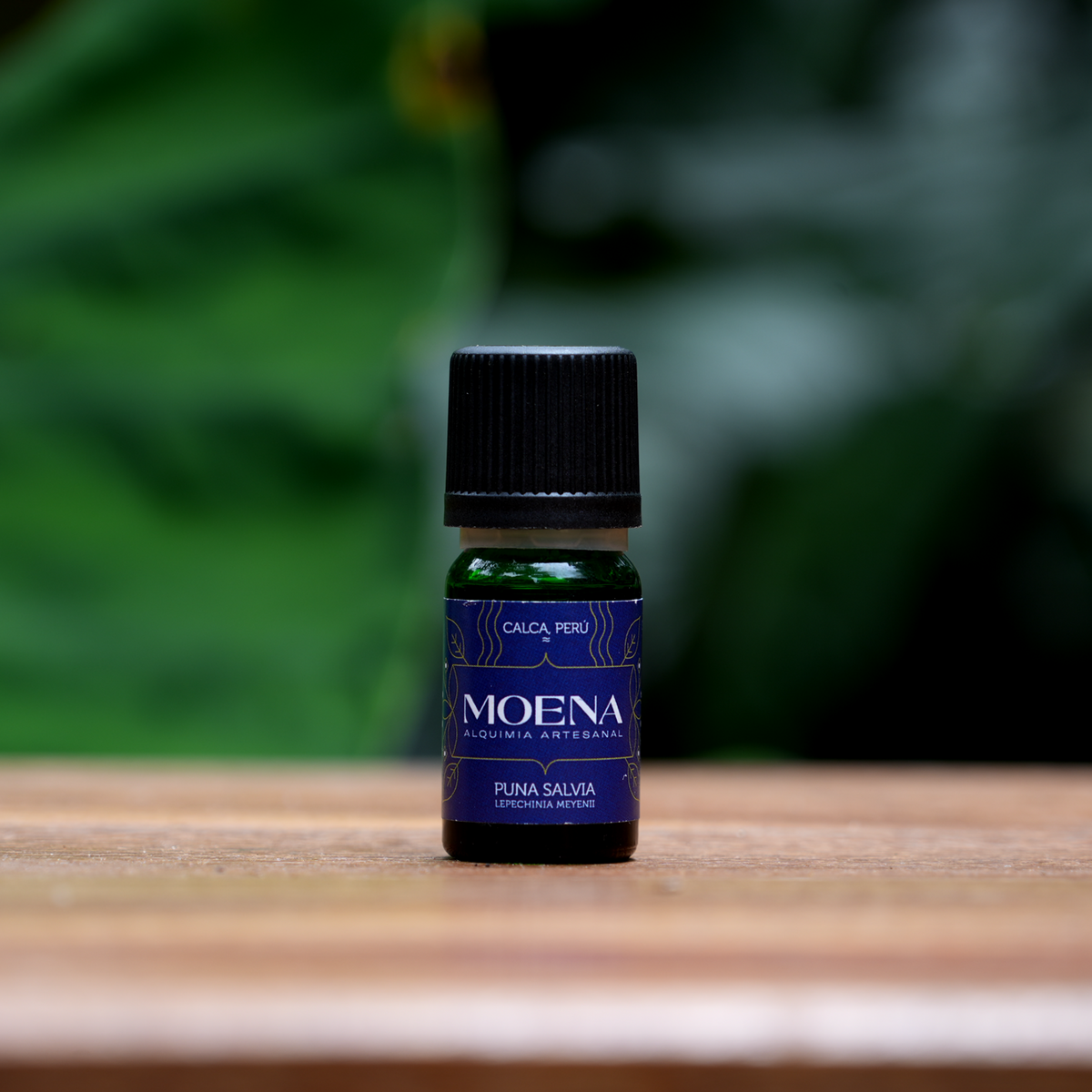 Small bottle of Andean Sage Essential Oil - Puna Salviaon a wooden surface against a blurred green plant background