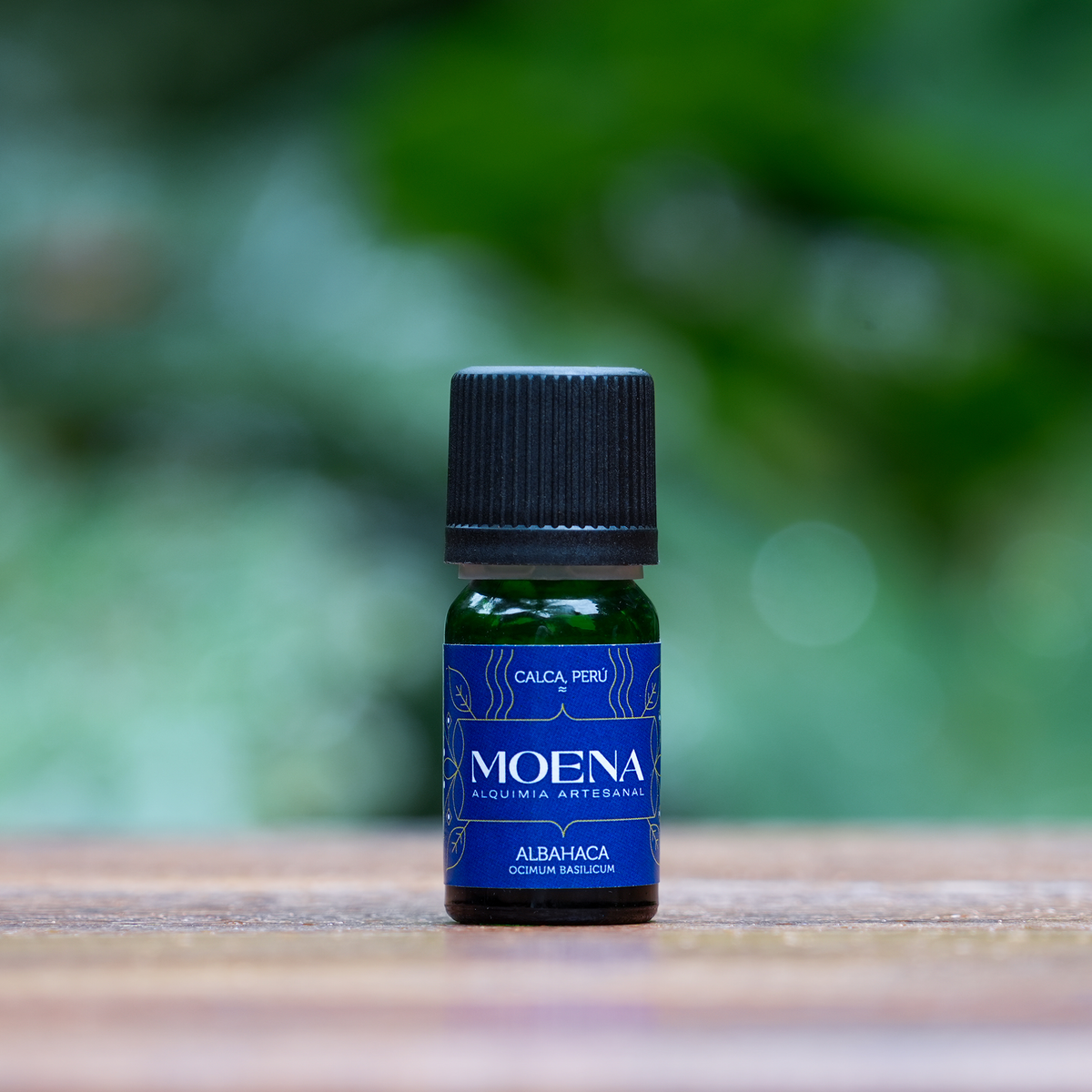 Bottle of Moena Basil Essential Oil - Albahaca essential oil on a wooden surface with a blurred green plant background