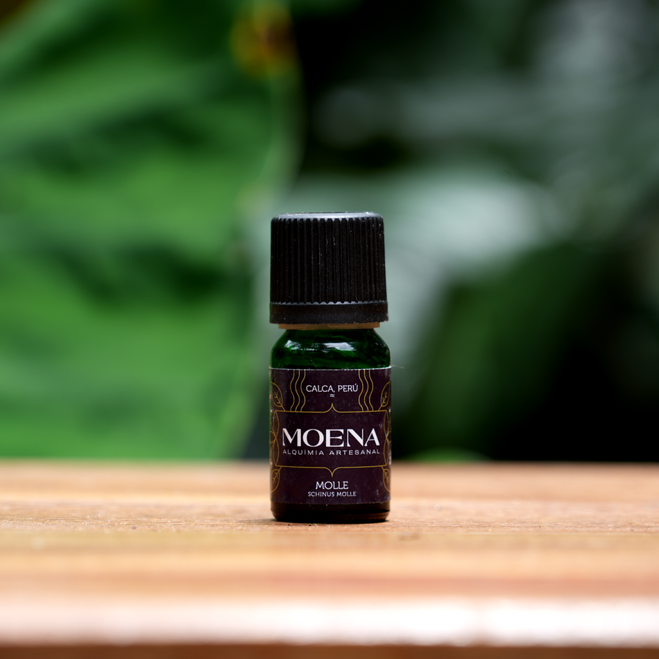 Small bottle of Chilean Pepper Essential Oil - Molle essential oil on a wooden surface with a blurred green plant background