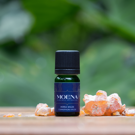 Bottle of Myrrh Essential Oil - Mirra Wildii on a wooden surface