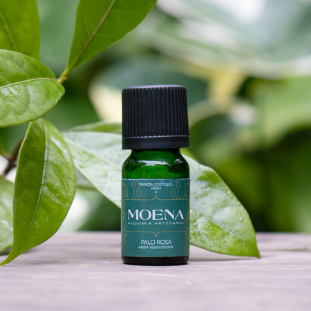 Rosewood Essential Oil - Palo Rosa bottle on a wooden surface with green leaves in the background